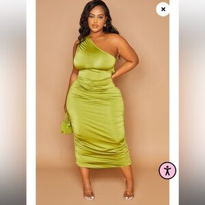 Pretty little thing “PLUS OLIVE SLINKY RUCHED ONE SHOULDER LONGLINE MIDI”